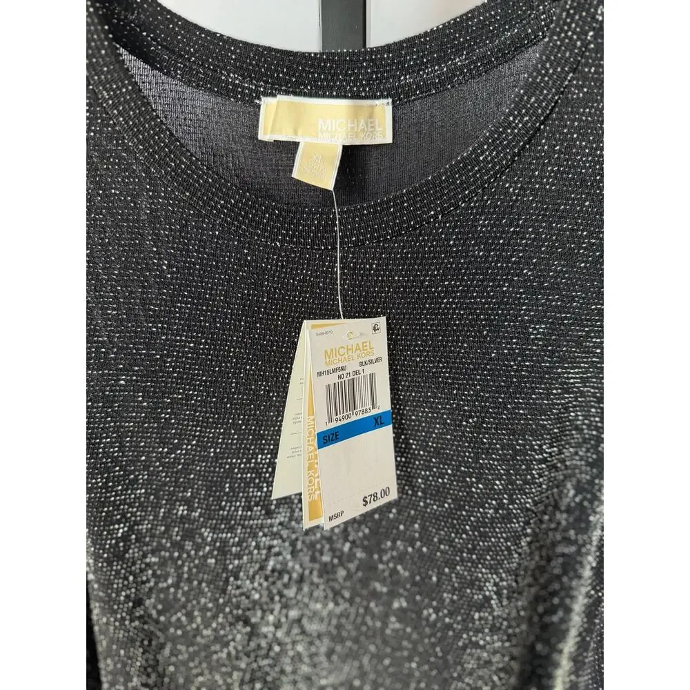 Michael Kors Black & Silver Metallic Brilliance Cold Shoulder Top Sz L NWT